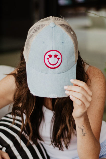 Star Eyed Happy Face Denim Embroidered Trucker Hat
