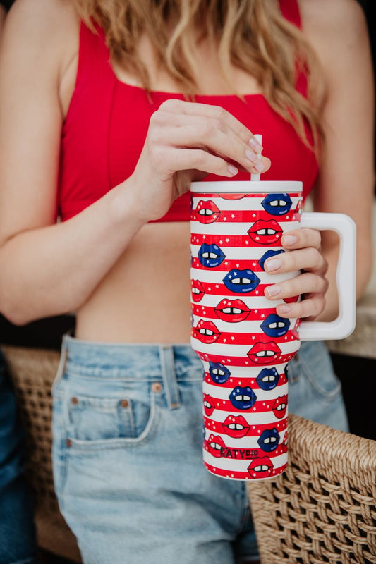 American Flag & Lips 38 Oz Tumbler Cup