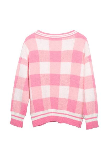 Plaid Gold Button Knitted Pink Cardigan