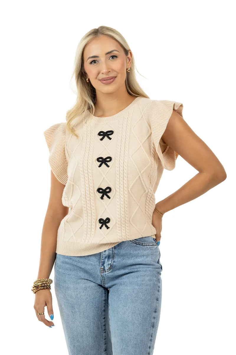 Tan Coquette Bow Sweater Top