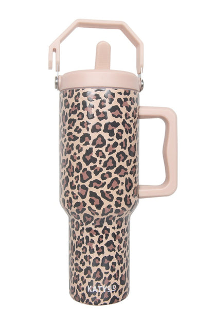 Brown Leopard Stainless Steel Tumbler with Lid Handle