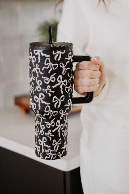 Black & White Bows All Over Drink Tumbler Cup