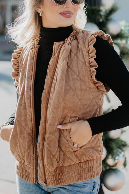Brown Garment Washed Quilted Ruffle Sleeve Vest