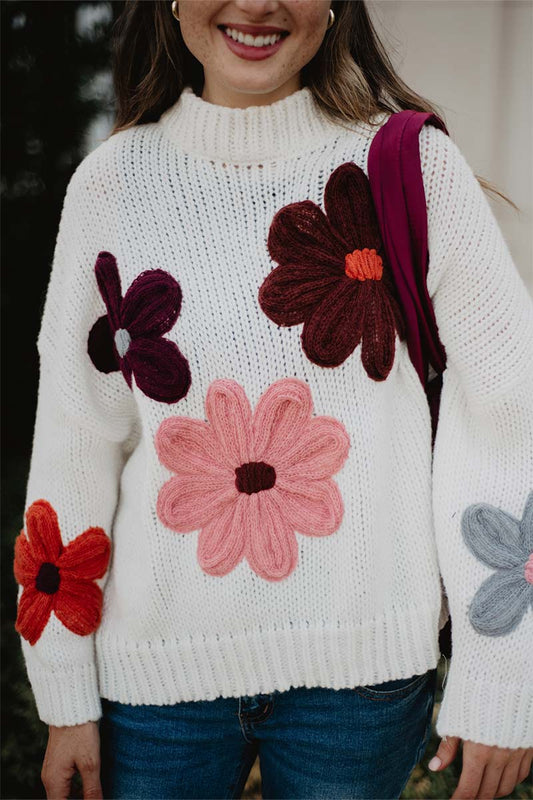 White Floral Warm Fall Stitched Sweater