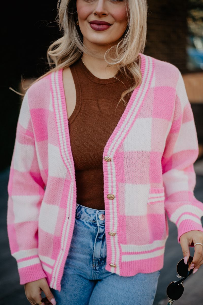 Plaid Gold Button Knitted Pink Cardigan