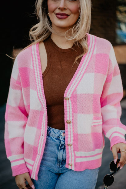 Plaid Gold Button Knitted Pink Cardigan