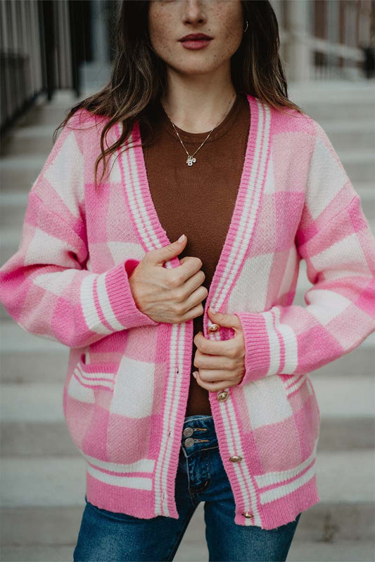 Plaid Gold Button Knitted Pink Cardigan