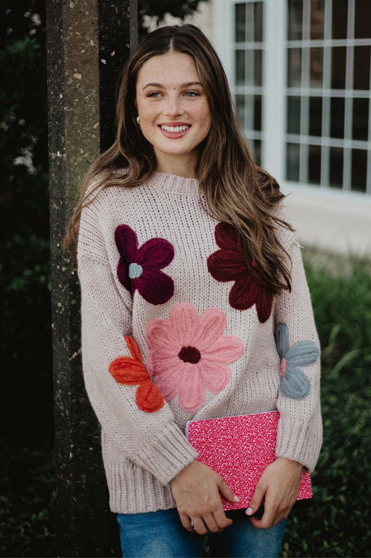 Tan Floral Knit Stitched Sweater