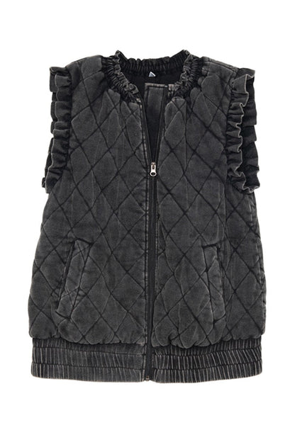 Charcoal Garment Washed Quilted Ruffle Sleeve Vests