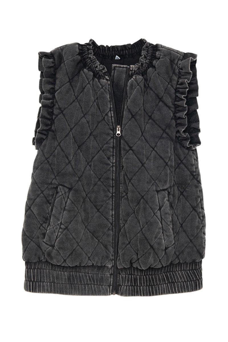 Charcoal Garment Washed Quilted Ruffle Sleeve Vests
