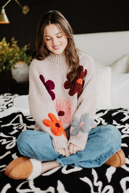 Tan Floral Knit Stitched Sweater