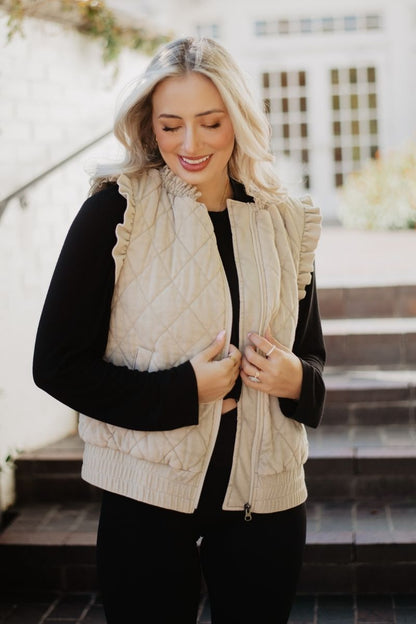 Beige Garment Washed Quilted Ruffle Sleeve Vests