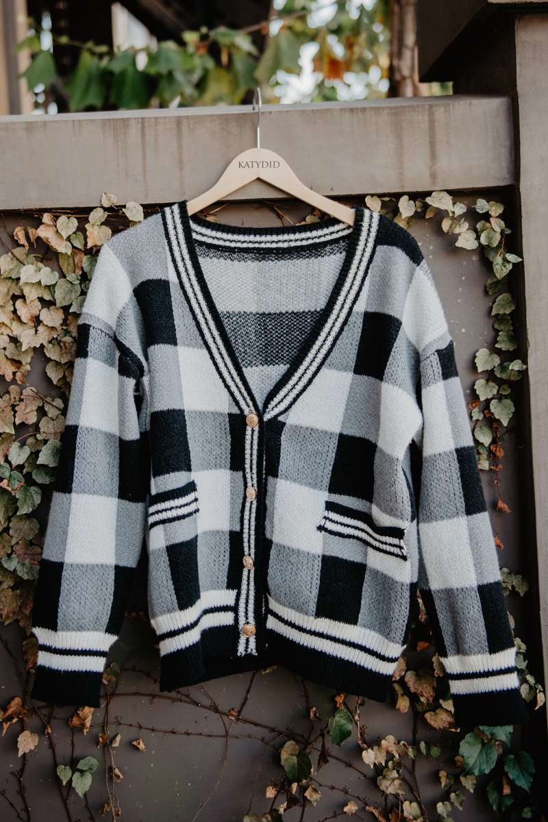 Open Front Black Plaid Cardigan Sweater