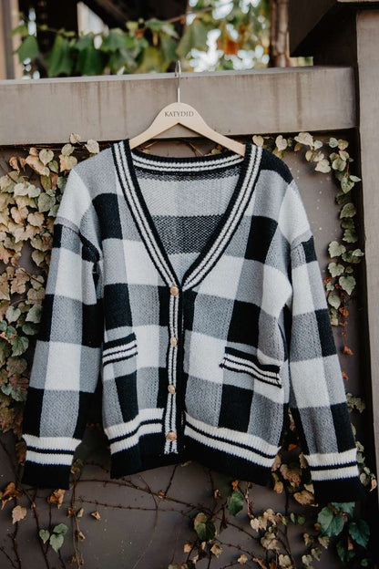 Open Front Black Plaid Cardigan Sweater