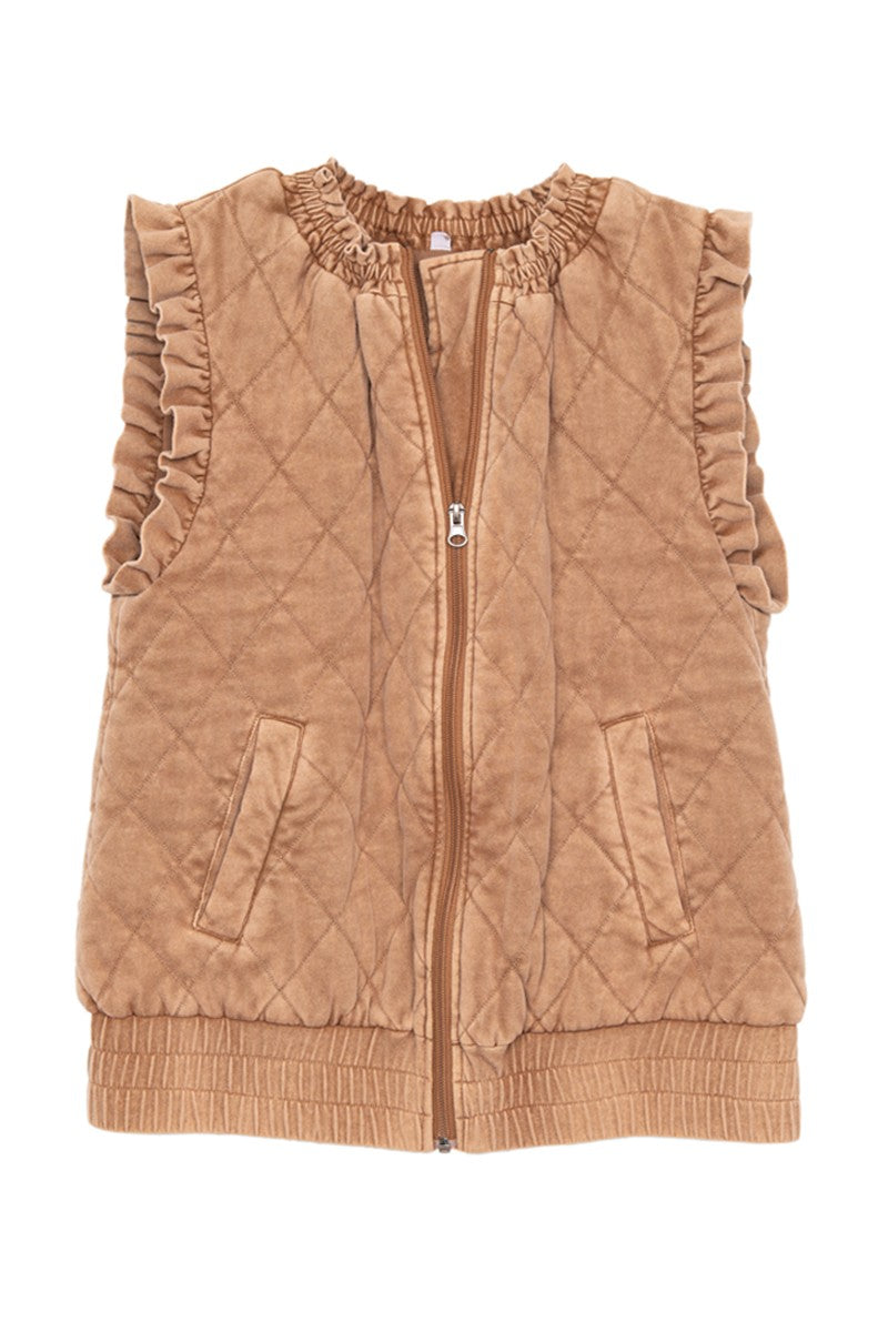 Brown Garment Washed Quilted Ruffle Sleeve Vest