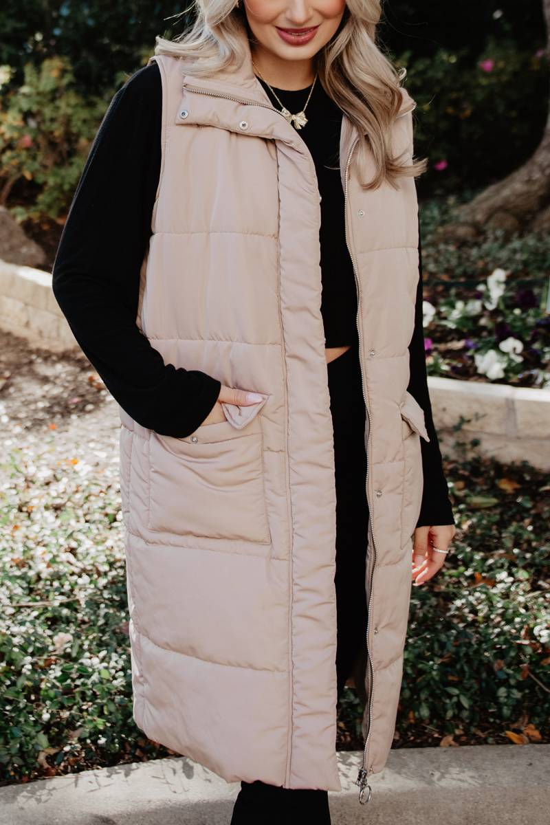 Tan Long Quilted Puffer Vest