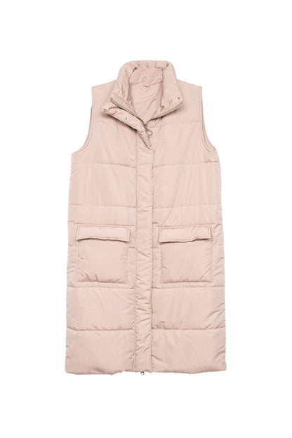 Tan Long Quilted Puffer Vest